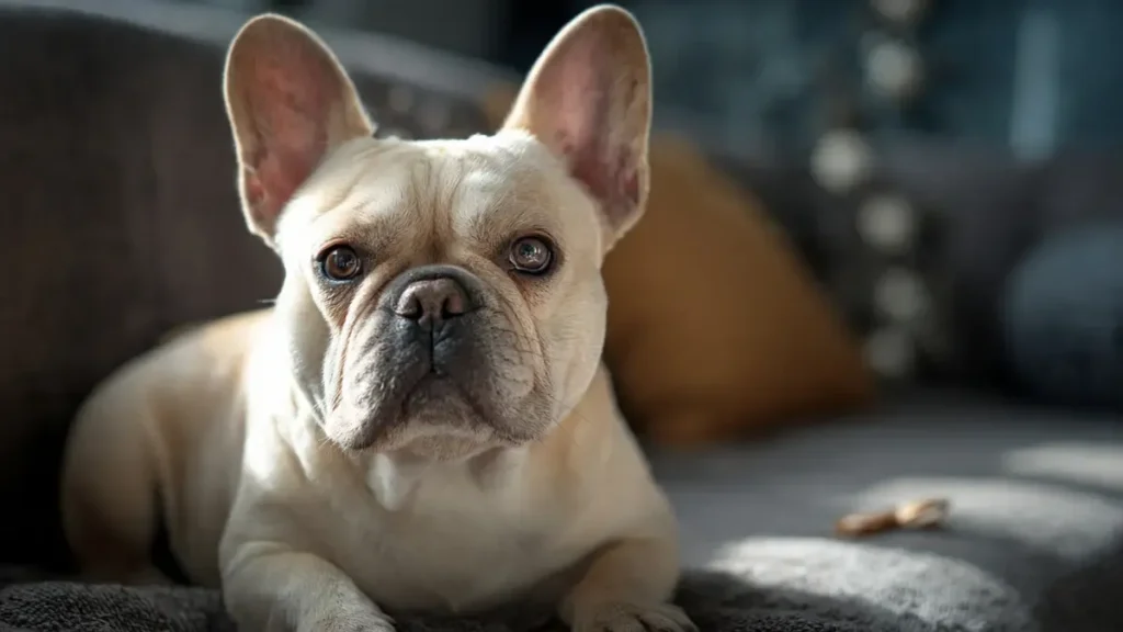 A close-up of a person using a rubber grooming mitt to brush a French Bulldog. The dog looks relaxed and happy, with loose fur visibly being removed from its short, smooth coat. The scene is indoors with warm, soft lighting