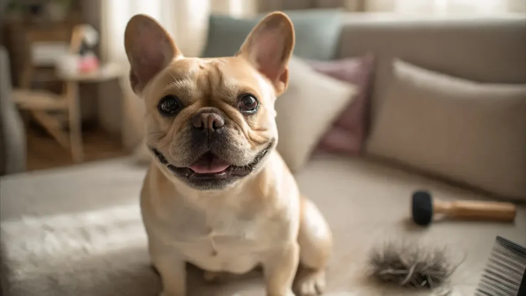 A French Bulldog being gently bathed in a sink or tub with a pH-balanced dog shampoo. The dog looks relaxed and content, with water droplets on its short, smooth coat. The scene includes a bottle of shampoo and a towel, set in a warm, well-lit bathroom or grooming area