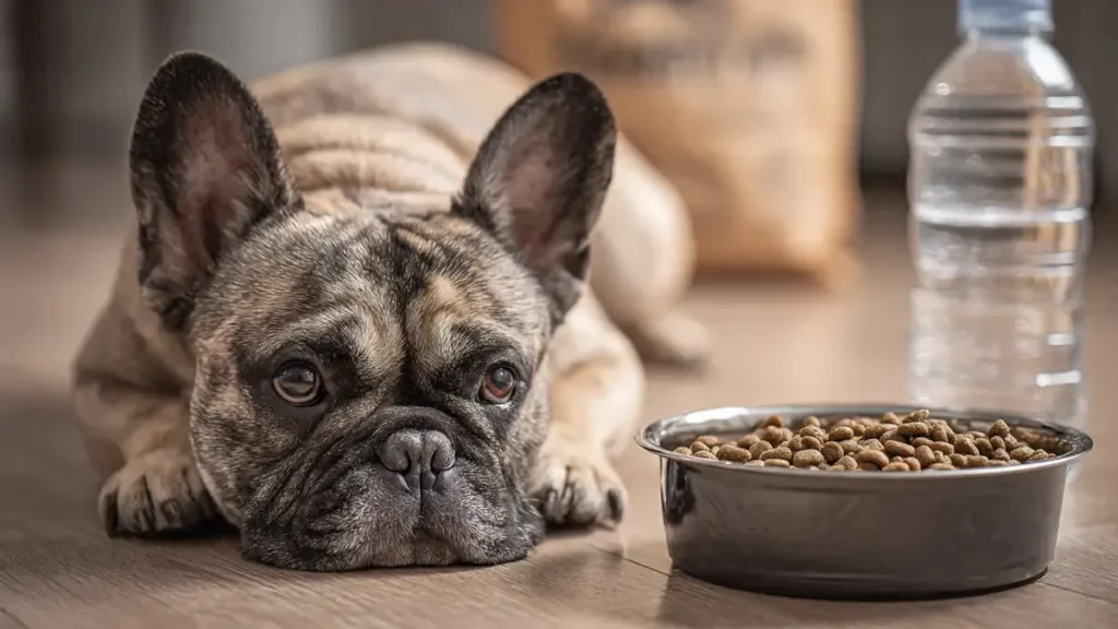 A French Bulldog sitting or lying on a light-colored couch, blanket, or rug, with visible short, stiff hairs scattered on the fabric. The dog looks relaxed and content, highlighting how its dark or brindle fur stands out against the light background