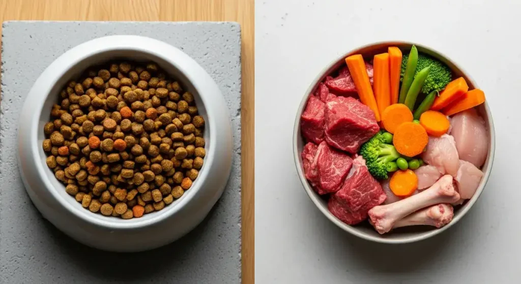 Split-image comparison: Left bowl of brown dry dog kibble on wood; right bowl of raw beef, chicken, carrots, broccoli—exploring dry vs. raw options in Border Collie diet planning.