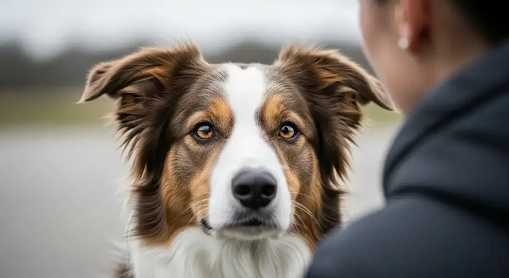 A highly focused Border Collie with alert brown eyes and fluffy brown-and-white fur stares intently forward during obedience training, with a trainer's back visible in the blurred outdoor background.