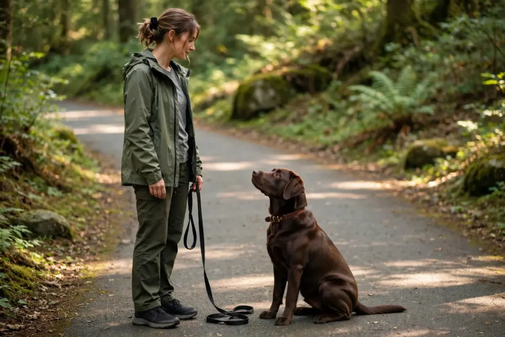 Labrador Behavior Problems: Common Issues and How to Fix Them 6 Labrador Behavior Problems – Chocolate Labrador sitting calmly on a leash looking up at its owner on a forest path