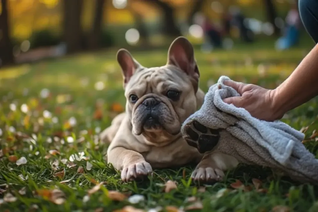 A light-colored fawn French Bulldog puppy lying on green grass in a park, looking at the camera while a person’s hand holds a gray towel nearby.