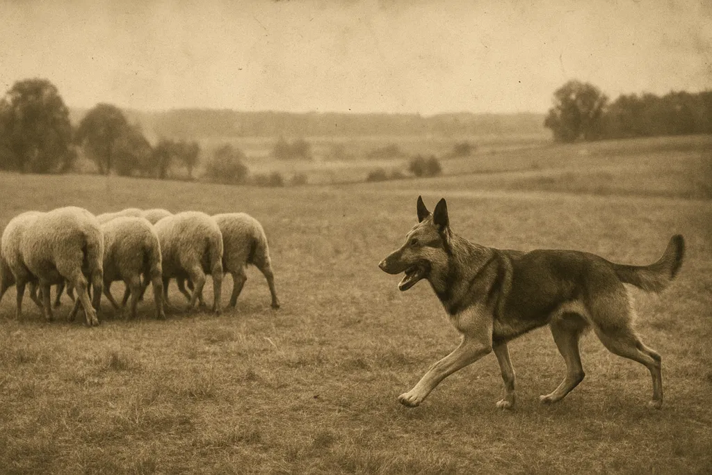 A sepia-toned vintage photograph of a black and tan German Shepherd dog herding a group of white sheep across a grassy field, with distant trees and hills in the background.