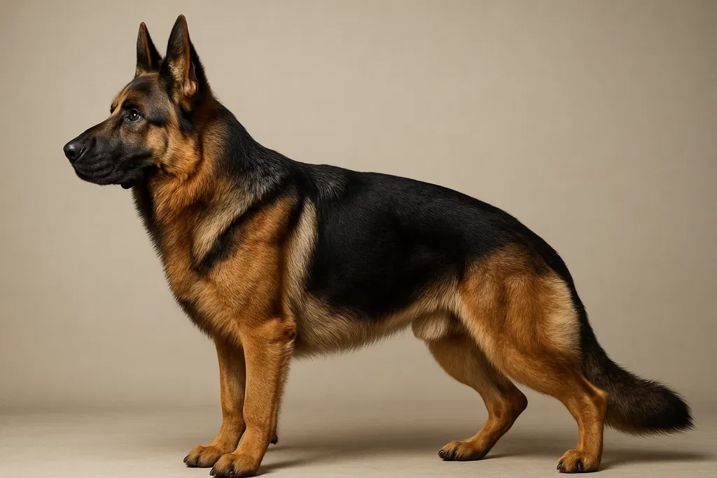 A black and tan German Shepherd standing in a poised side profile against a neutral beige background, with erect ears, alert eyes, and a glossy coat highlighting its muscular build.
