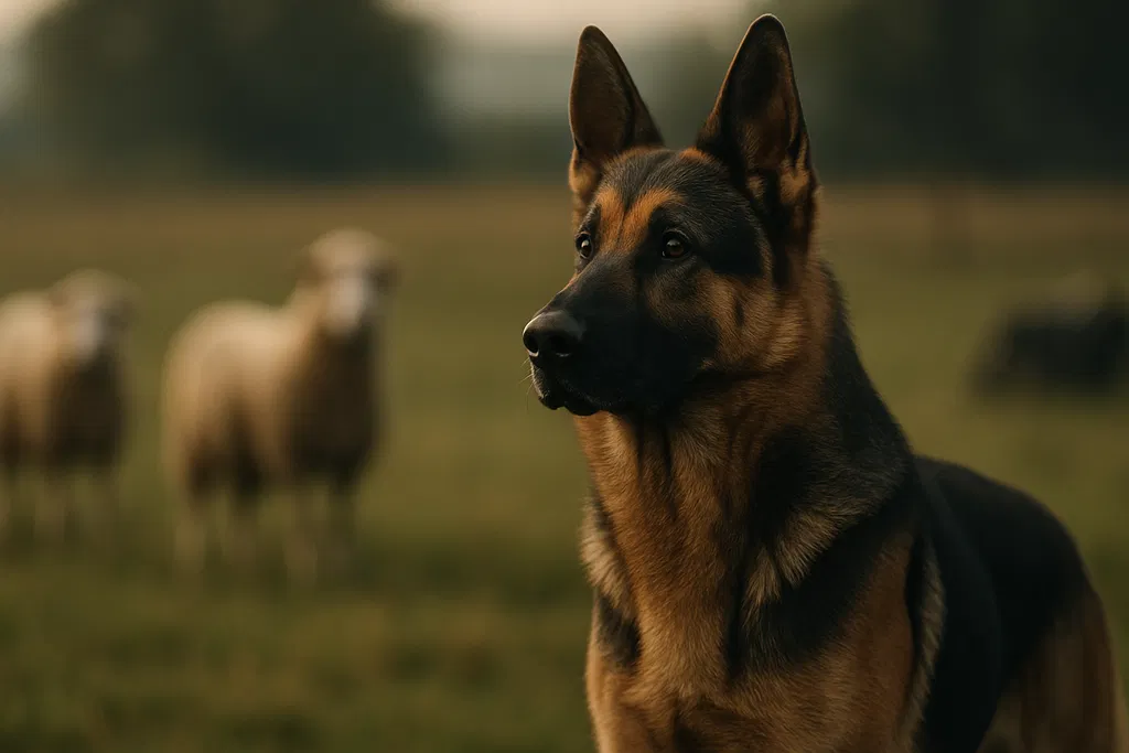 A black and tan German Shepherd in a three-quarter profile view, gazing intently in a lush green field at golden hour, with a small group of blurred white sheep grazing in the soft-focus background.