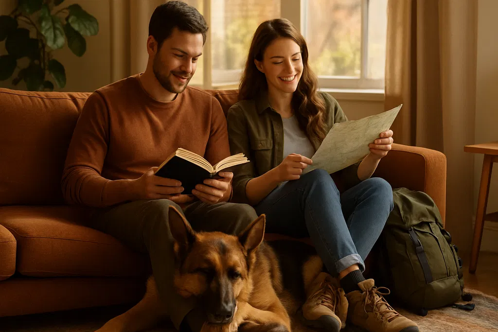  black and tan German Shepherd lying relaxed on the floor in a warm living room, beside a smiling couple on a brown couch- the man reading a book and the woman examining a large map - with soft autumn light filtering through a window and houseplants in the background.