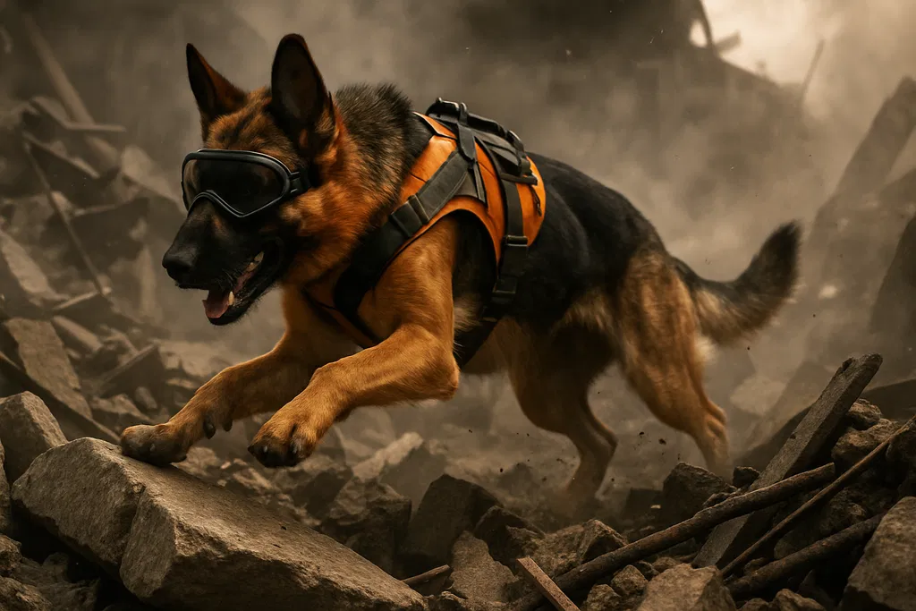 A black and tan German Shepherd in motion, wearing black protective goggles and an orange tactical harness, leaping through a debris-strewn, smoky urban ruin with intense focus.