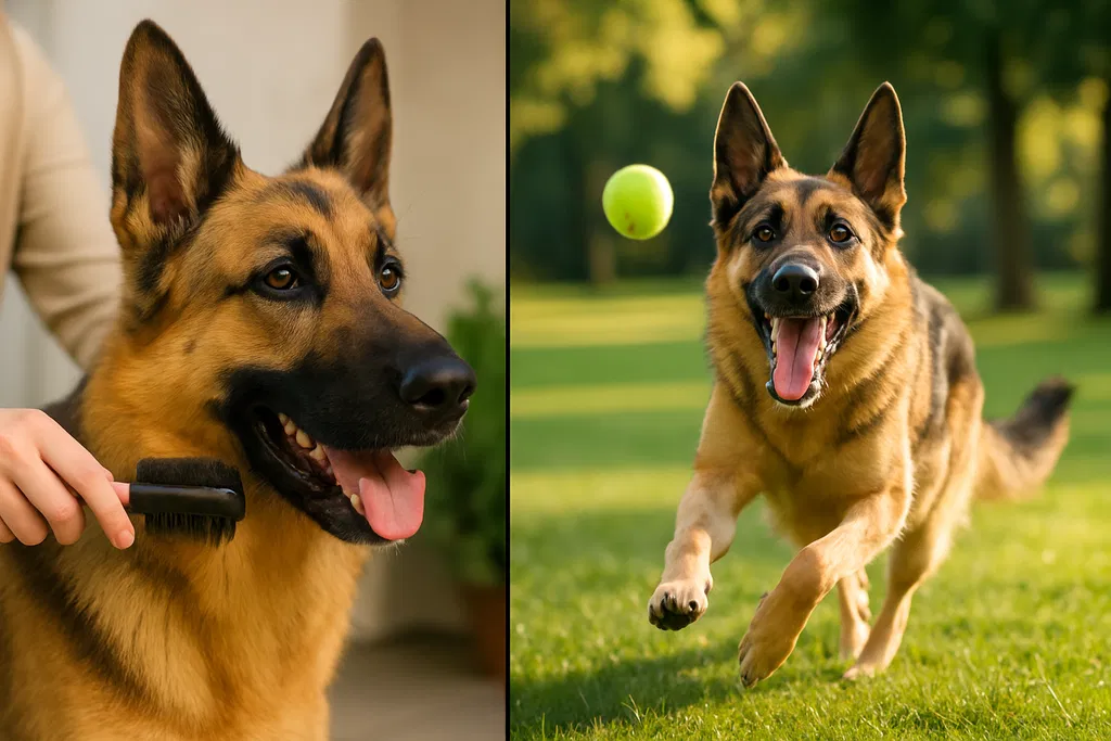Split-image composite: left side shows a black and tan German Shepherd being groomed indoors with a brush held by a human hand, tongue out in relaxation; right side depicts the same dog running joyfully on a green field chasing a yellow tennis ball under sunny trees.