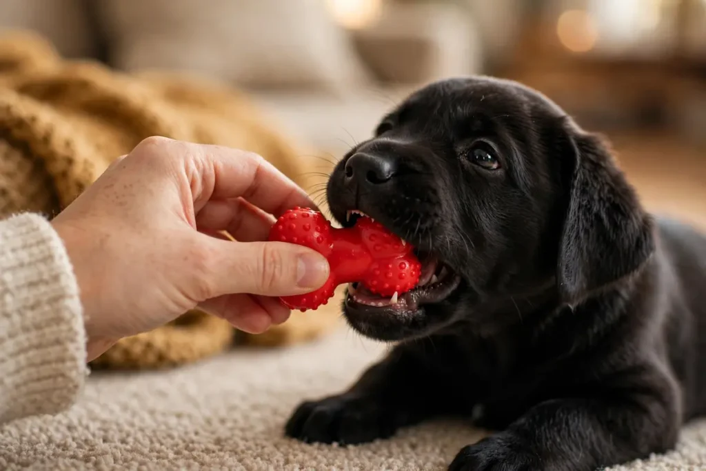 Labrador Behavior Problems: Common Issues and How to Fix Them 2 Labrador Behavior Problems – Black Labrador puppy biting a red rubber chew toy held by a person’s hand