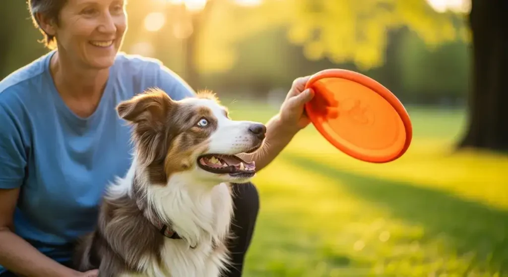 A happy woman with short gray hair smiles warmly while sitting on lush green grass in a sunlit park at golden hour, holding a bright red frisbee in her extended hand; beside her sits an attentive tri-color Border Collie with blue merle coat, perked ears, and tongue out in excitement, ready for the throw, with blurred trees and warm sunlight creating a serene outdoor backdrop.