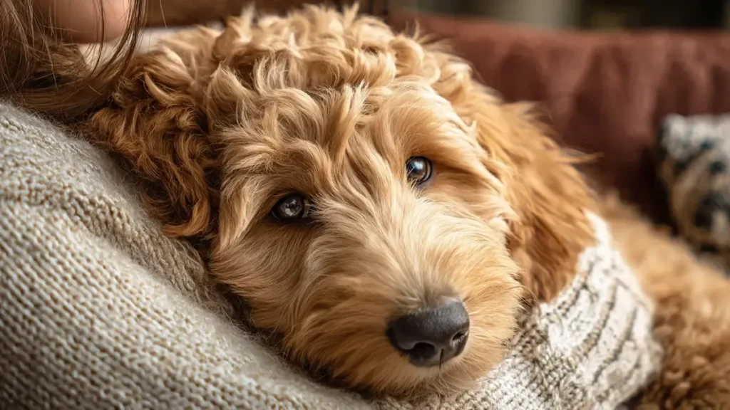 A heartwarming image of a fluffy Goldendoodle with a soft, wavy coat sitting comfortably in a cozy indoor setting, radiating warmth and companionship