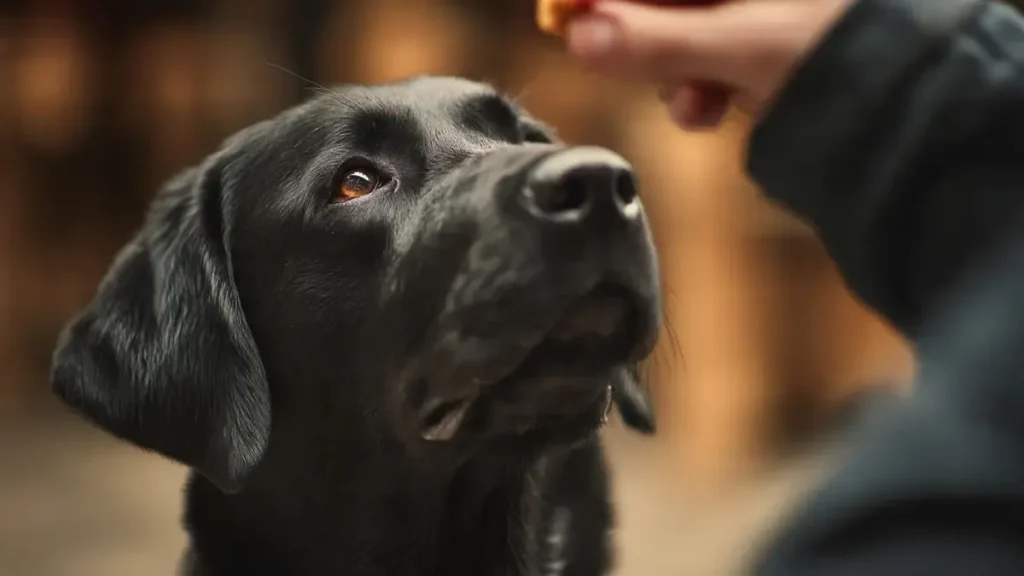 A joyful Labrador Retriever with a glossy coat, wagging its tail and holding a tennis ball in its mouth. The dog is outdoors in a sunny park, embodying its friendly, playful, and family-oriented nature.