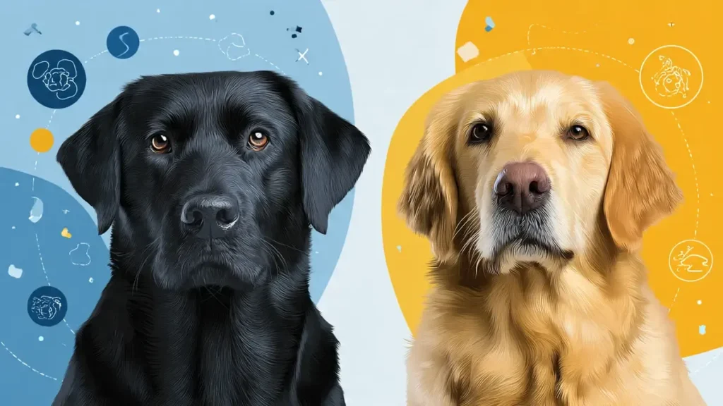 Side-by-side comparison of a Labrador Retriever and Golden Retriever, highlighting differences in coat, size, and temperament for families choosing a dog