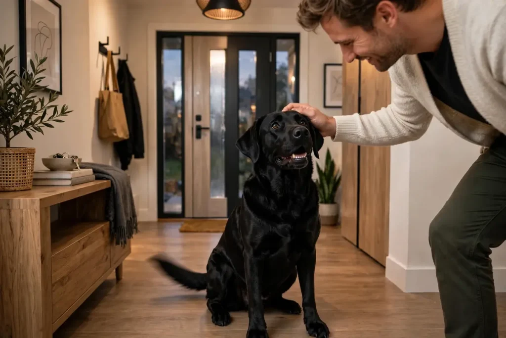 Labrador Behavior Problems: Common Issues and How to Fix Them 7 Labrador Behavior Problems – Black Labrador sitting calmly while being greeted and petted by its owner in a hallway