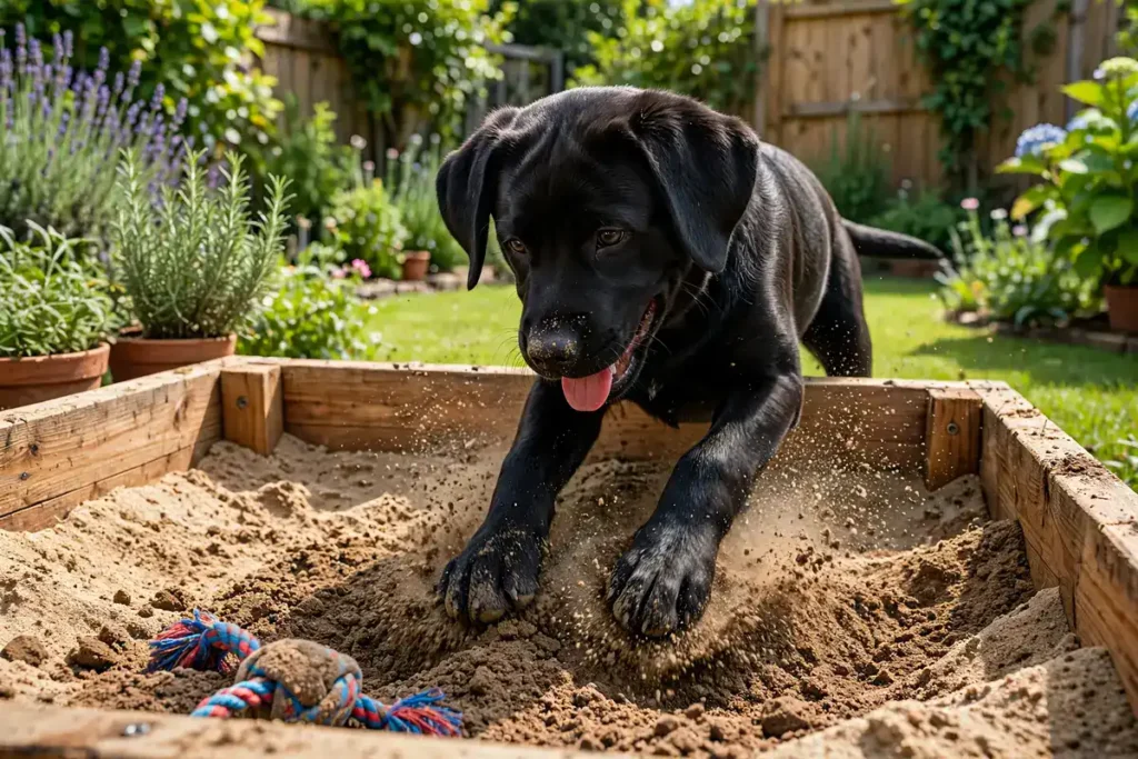 Labrador Behavior Problems: Common Issues and How to Fix Them 5 Labrador Behavior Problems – Black Labrador puppy energetically digging in a wooden sandpit in a sunny garden