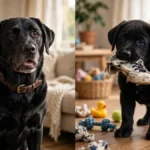 Split image of a black Labrador Retriever: adult dog sitting calmly on the left and a playful puppy holding a chewed shoe on the right