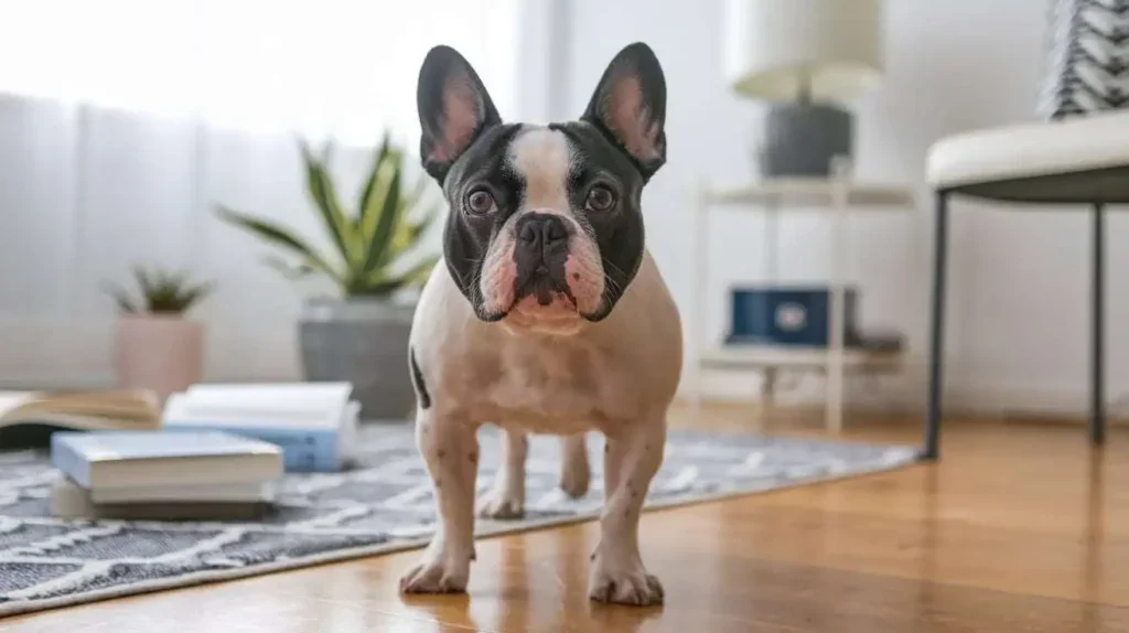 French Bulldog with bat ears playing with a toy in a cozy living room, showcasing its playful temperament and suitability for French Bulldog ownership. Learn about French Bulldog care, grooming, and lifestyle.