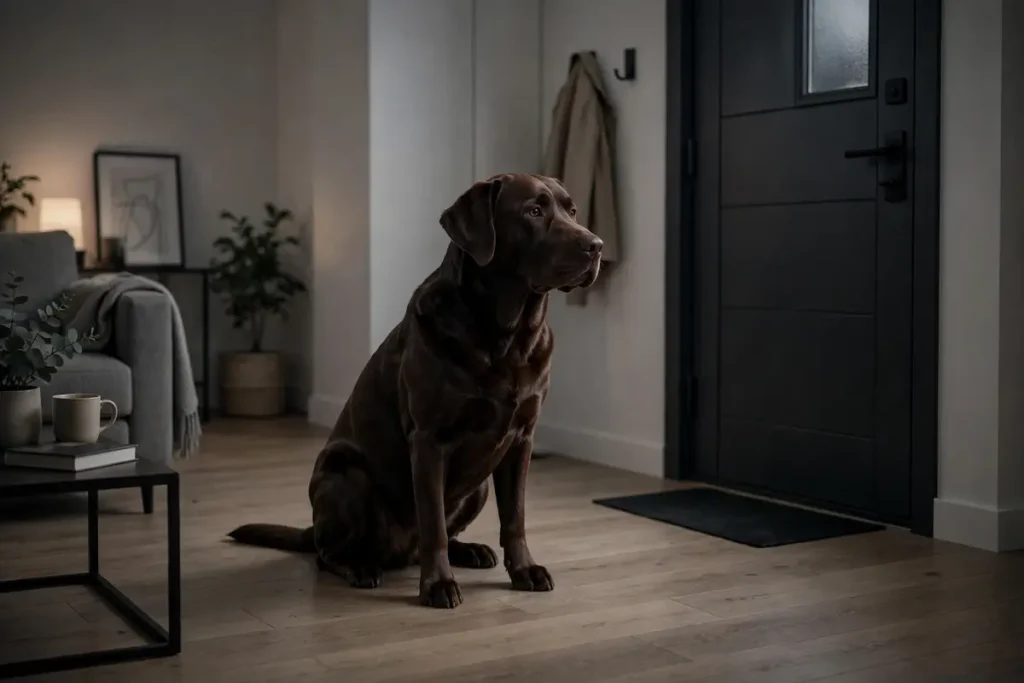 Labrador Behavior Problems: Common Issues and How to Fix Them 3 Labrador Behavior Problems – Chocolate Labrador sitting alone on a clean floor near the front door, looking sad and anxious