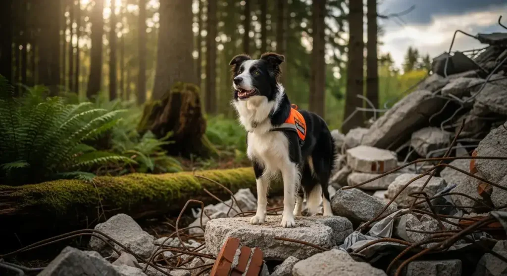 A vigilant black-and-white Border Collie with fluffy fur, perked ears, and tongue slightly out stands poised on a rubble pile wearing an orange search and rescue vest, surrounded by mossy logs, ferns, and fallen trees in a sunlit forest clearing, exemplifying Border Collies working roles in emergency response.