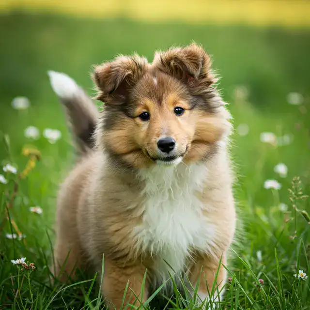 sheltie puppy playing in grass