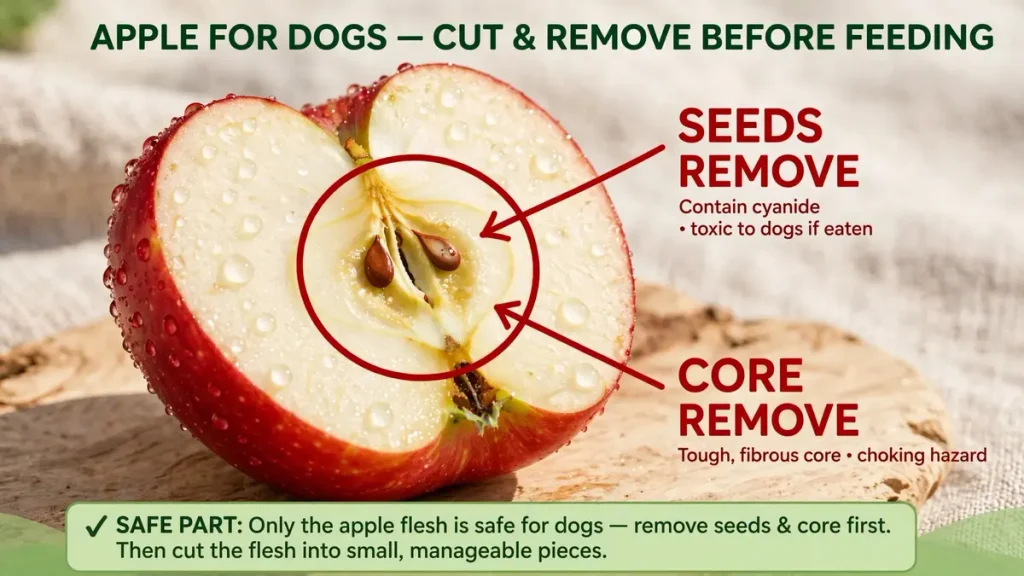 Educational diagram of a halved red apple showing seeds and core that must be removed before feeding to dogs, with safety labels about cyanide and choking hazards