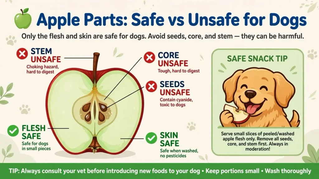 Illustrated diagram of an apple cross-section labeling safe parts (flesh and skin) and unsafe parts (stem, core, and seeds) for dogs, with a cartoon golden retriever holding an apple slice