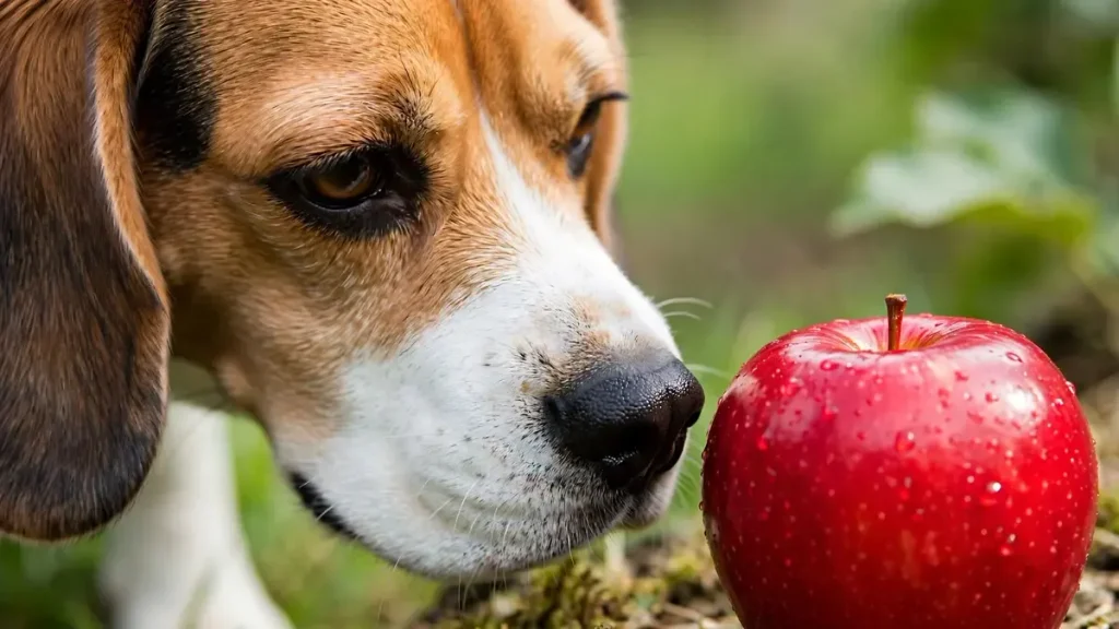 Close-up of a curious Beagle sniffing a shiny red apple with water droplets on grass
Caption: