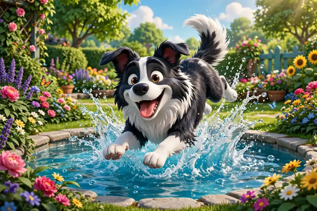 Can Border Collies swim – happy Border Collie leaping into a garden pool with a big splash