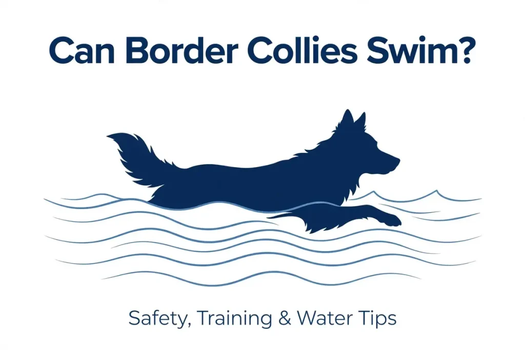 Can Border Collies swim – silhouette of a Border Collie swimming with safety, training and water tips