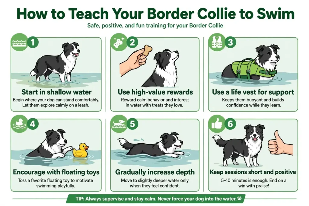 Can Border Collies swim – how to teach your Border Collie to swim with 6 steps: shallow water, rewards, life vest, floating toys, increase depth, short positive sessions