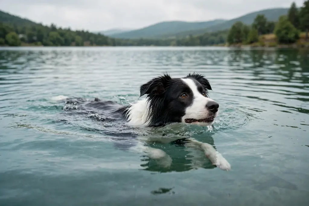Can Border Collies swim – black and white Border Collie swimming naturally in a calm lake