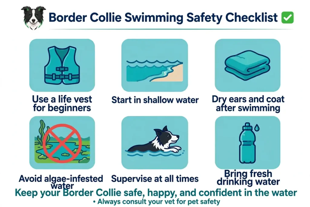 Can Border Collies swim – Border Collie swimming safety checklist with life vest, shallow water, dry ears, avoid algae, supervise, and fresh water tips