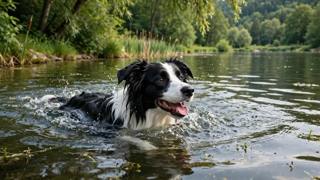 Can Border Collies swim – happy black and white Border Collie swimming in a natural lake with water splashing