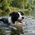 Can Border Collies swim – happy black and white Border Collie swimming in a natural lake with water splashing