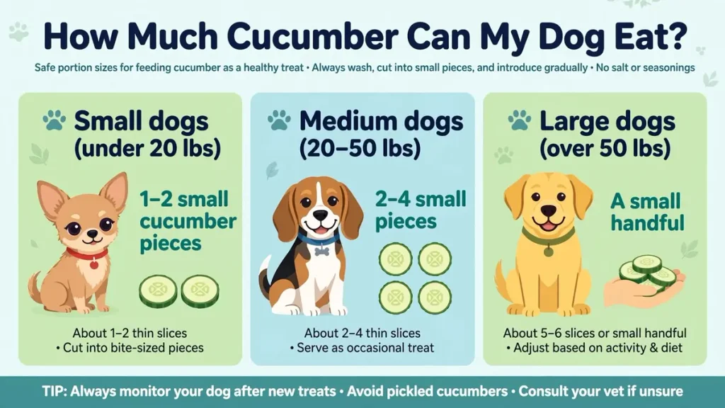 Infographic titled “How Much Cucumber Can My Dog Eat?” showing safe portion sizes by dog size. Small dogs (under 20 lbs) get 1–2 small cucumber pieces (about 1–2 thin slices, cut bite-sized). Medium dogs (20–50 lbs) get 2–4 small pieces (about 2–4 thin slices as an occasional treat). Large dogs (over 50 lbs) get a small handful (about 5–6 slices, adjusted for activity and diet). Subtitle notes to always wash, cut into small pieces, introduce gradually, and use no salt or seasonings. Footer tip: monitor after new treats, avoid pickled cucumbers, and consult a vet if unsure.