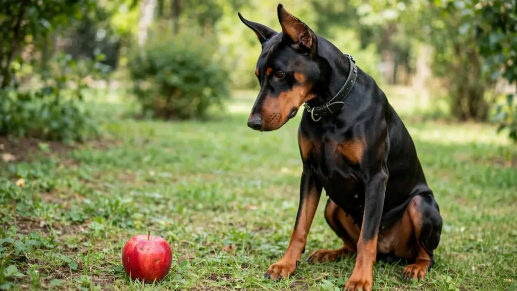 Alert black and tan Doberman Pinscher sitting on green grass looking at a red apple on the ground in a sunny garden