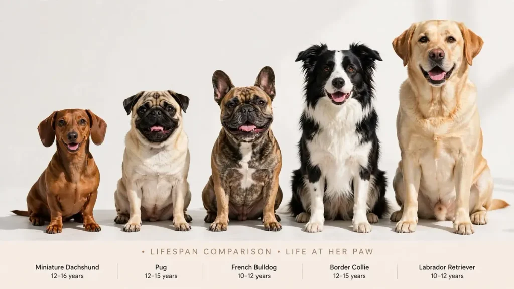 Five dogs sitting in a row comparing lifespans: Miniature Dachshund (12–16 years), Pug (12–15 years), French Bulldog (10–12 years), Border Collie (12–15 years), and Labrador Retriever (10–12 years)