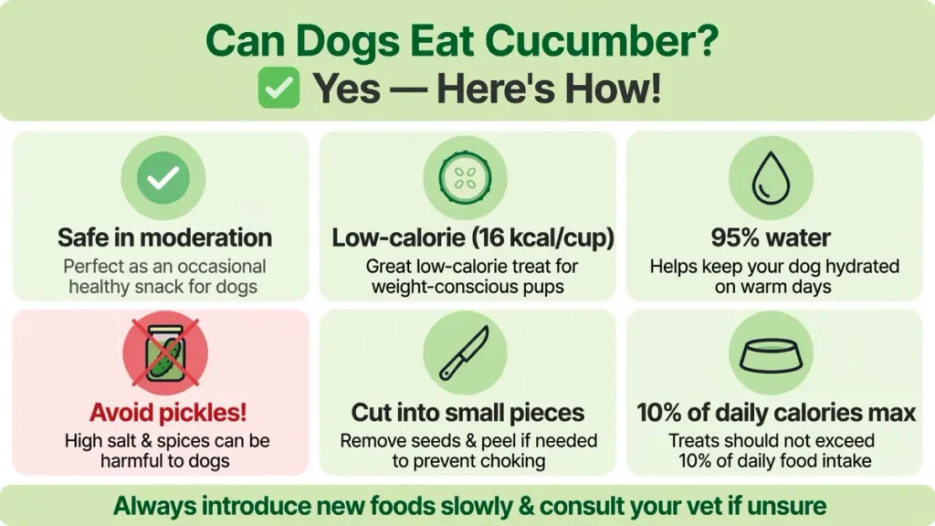 Infographic answering “Can dogs eat cucumber?” with a green checkmark and the text “Yes — Here’s How!” Six illustrated panels explain that cucumber is safe in moderation as an occasional snack, low-calorie (16 kcal per cup), 95% water for hydration, should never be given as pickles, must be cut into small pieces with seeds and peel removed if needed, and limited to 10% of daily calories. Footer reminds owners to introduce new foods slowly and consult a vet.