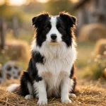 Black and white Border Collie sitting on straw in a sunlit farmyard with film reels and camera equipment nearby