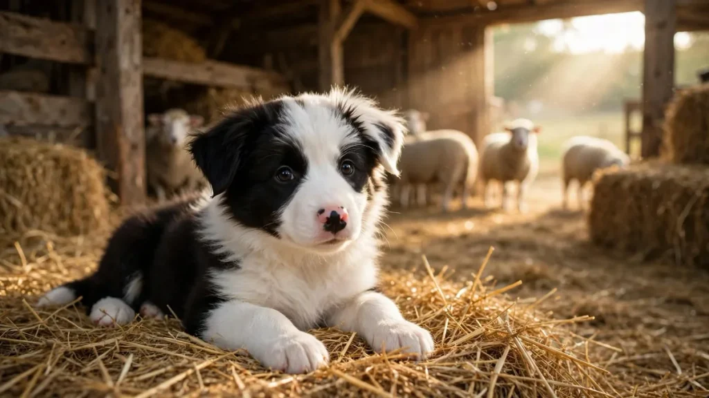 Adorable black and white Border Collie puppy lying on straw in a sunlit barn with sheep in the background