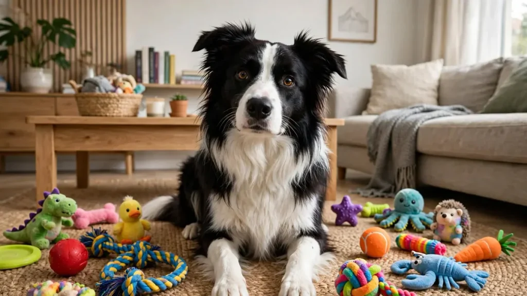 Famous Border Collies – black and white Border Collie sitting among colorful dog toys in a cozy living room