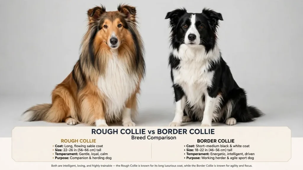 Famous Border Collies – Rough Collie and Border Collie sitting side by side with breed comparison chart