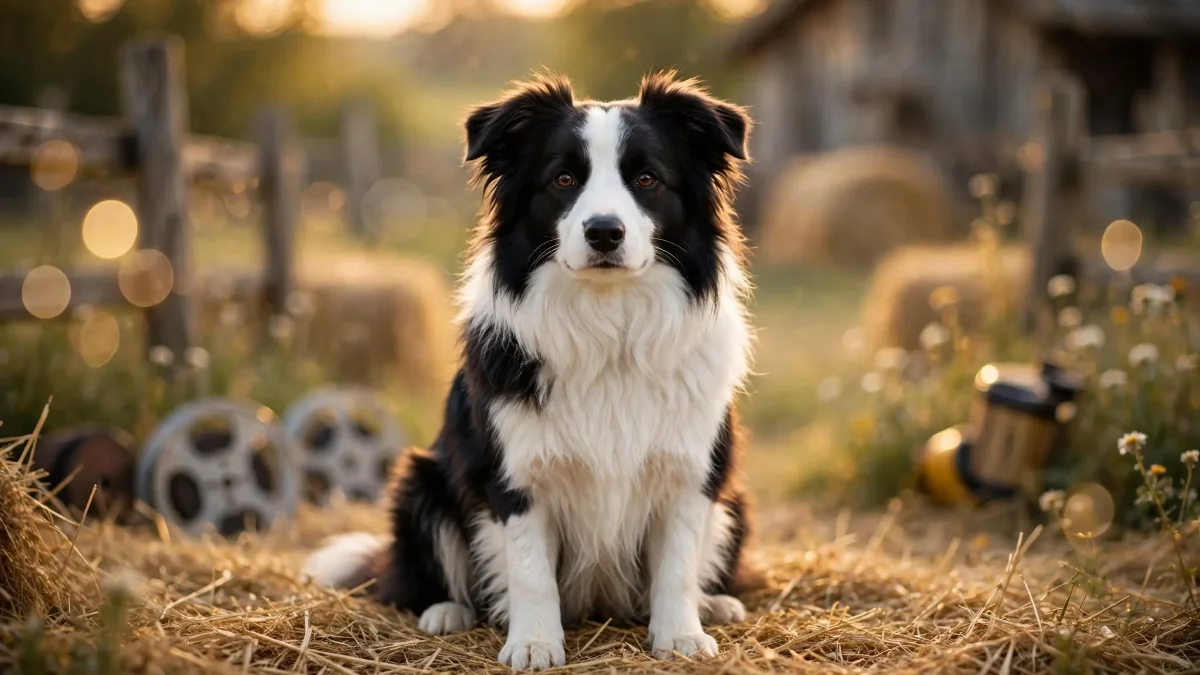 Black and white Border Collie sitting on straw in a sunlit farmyard with film reels and camera equipment nearby