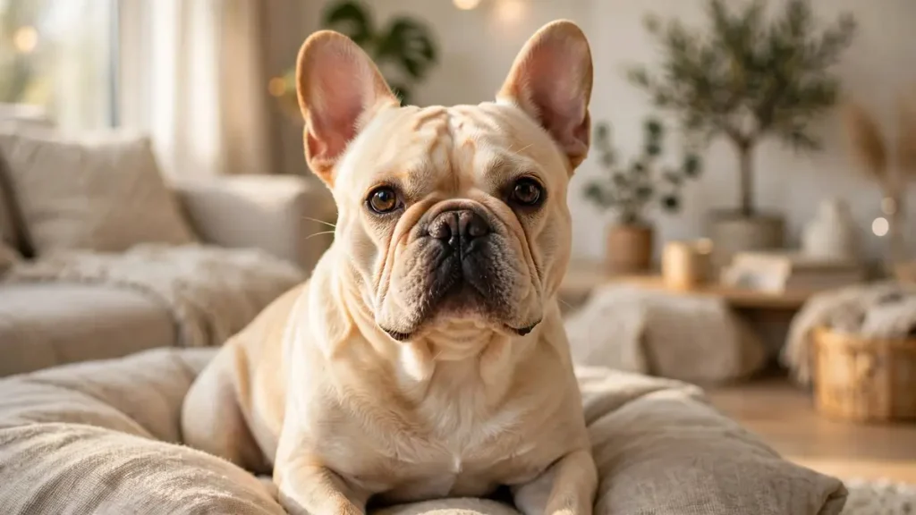 Text: Cream-colored French Bulldog lying on a beige cushioned dog bed, looking calmly at the camera with large bat ears and wrinkled forehead in a bright, neutral-toned living room