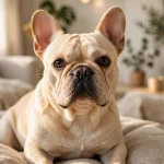 Text: Cream-colored French Bulldog lying on a beige cushioned dog bed, looking calmly at the camera with large bat ears and wrinkled forehead in a bright, neutral-toned living room