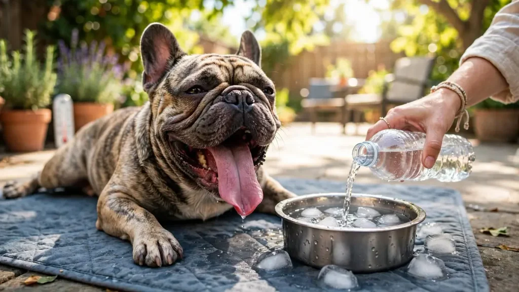 Brindle French Bulldog lying on a blue cooling mat outdoors with tongue out, while a person pours water from a plastic bottle into a metal bowl filled with ice cubes