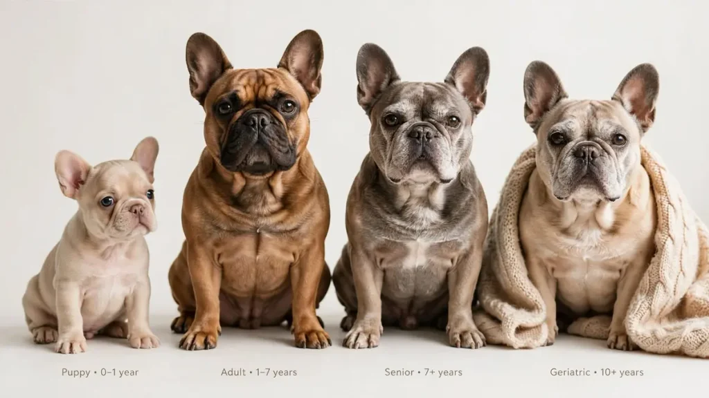 Four French Bulldogs of different ages sitting in a row: a cream puppy labeled 0–1 year, a fawn adult labeled 1–7 years, a gray senior labeled 7+ years, and a cream geriatric dog wrapped in a beige knitted blanket labeled 10+ years