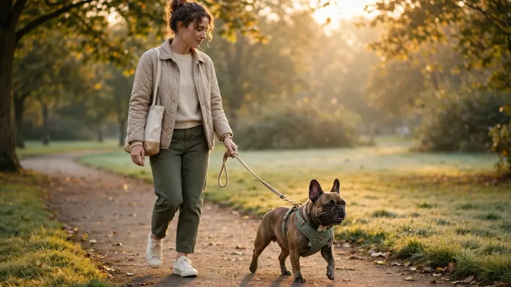 Woman with curly hair in a bun walking a brindle French Bulldog on a leash along a dirt path in a park at sunset, the dog wearing a green harness