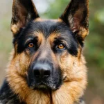 German Shepherds as Family Dogs: Temperament, Kids, Pros & Cons 2 Close-up portrait of a German Shepherd dog with upright ears, amber eyes, and black-and-tan fur looking directly at the camera against a soft blurred green background